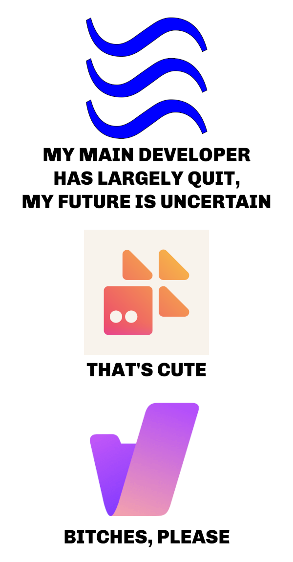 Image macro consisting of three logos of Fediverse server applications arranged vertically, each with writing below, all on a plain white background. The top logo is the logo of the streams repository with the writing, ”My main developer has largely quit, my future is uncertain.” The middle logo is the Firefish logo with the writing, “That's cute.” The bottom logo is the /kbin logo with the writing, “Bitches, please.”