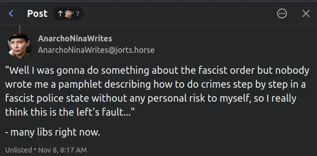 Post on mastodon by AnarchoNinaWrites: "Well I was gonna do something about the fascist order but nobody wrote me a pamphlet describing how to do crimes step by step in a fascist police state without any personal risk to myself, so I really think this is the left's fault..."   - many libs right now.